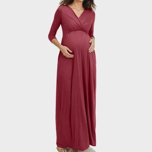 Hello Miz 3/4 Sleeve Surplice Maternity/Nursing Maxi Dress in Red Brown